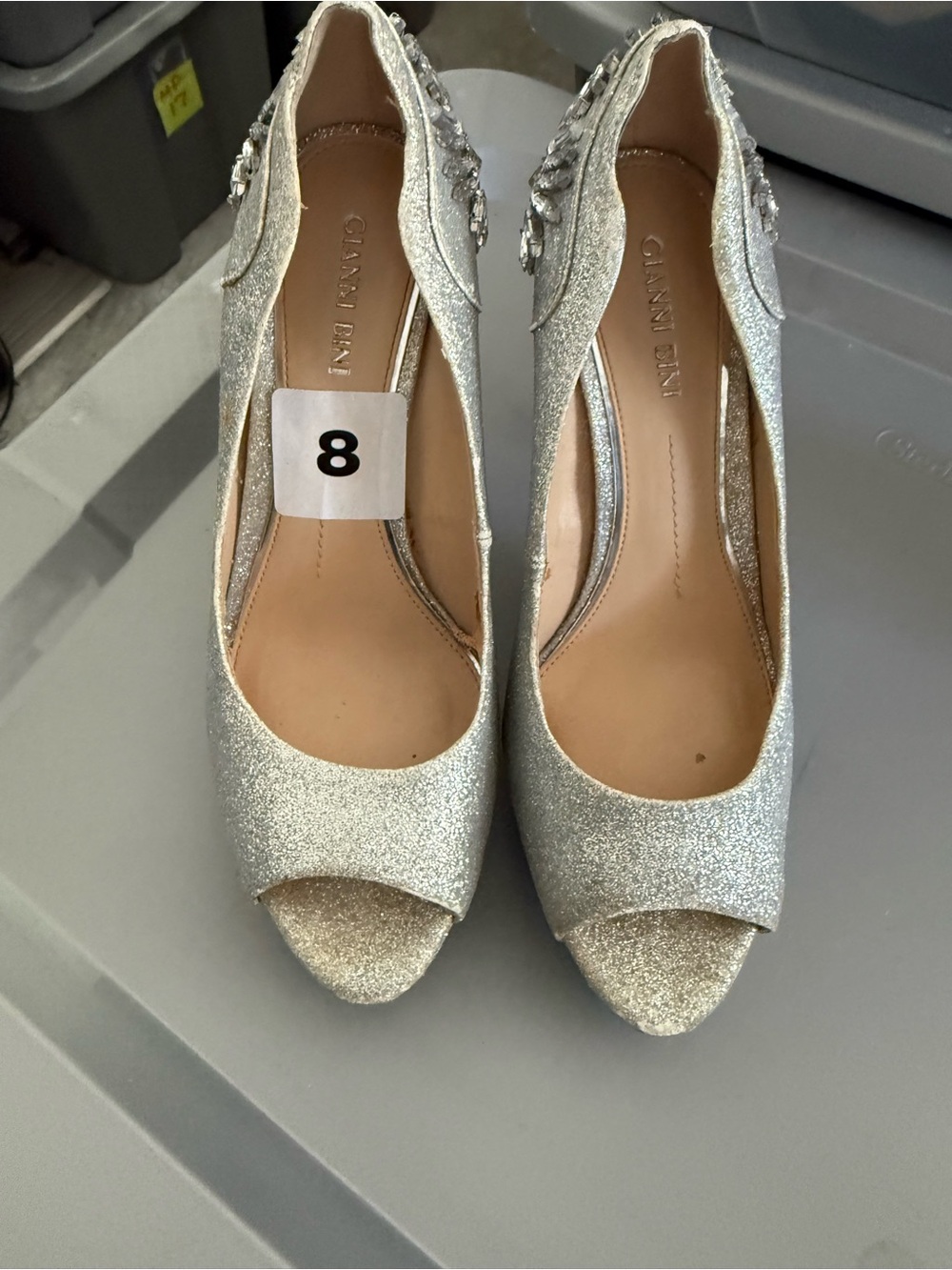 Gianni Bini Silver Glitter Peep Toe Heels with Embellished Back